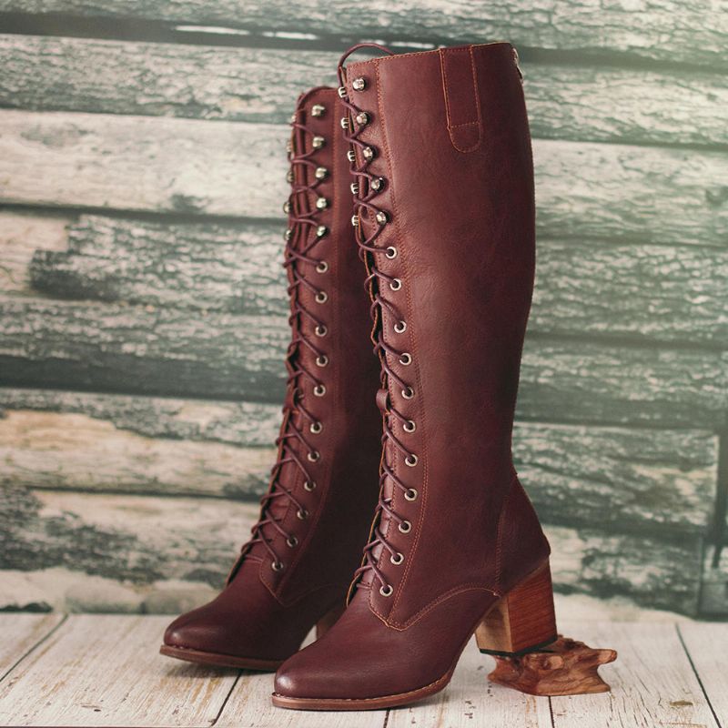 Kvinnor Plus Size Retro Lace Up Mid Calf Boots