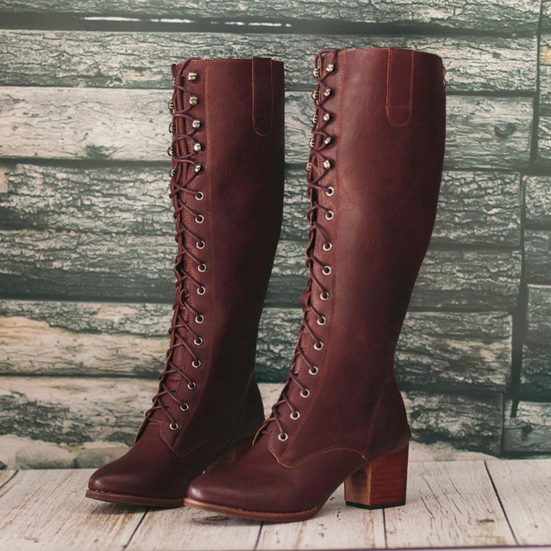 Kvinnor Plus Size Retro Lace Up Mid Calf Boots