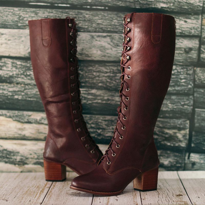 Kvinnor Plus Size Retro Lace Up Mid Calf Boots