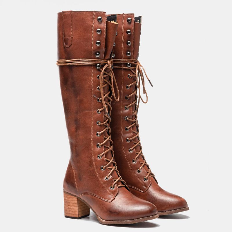 Kvinnor Plus Size Retro Lace Up Mid Calf Boots