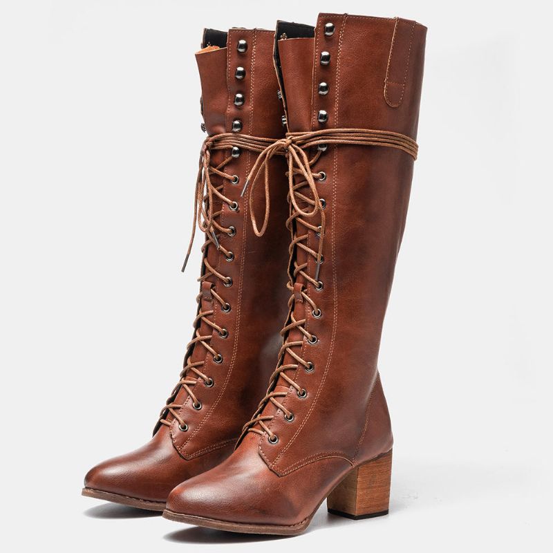 Kvinnor Plus Size Retro Lace Up Mid Calf Boots