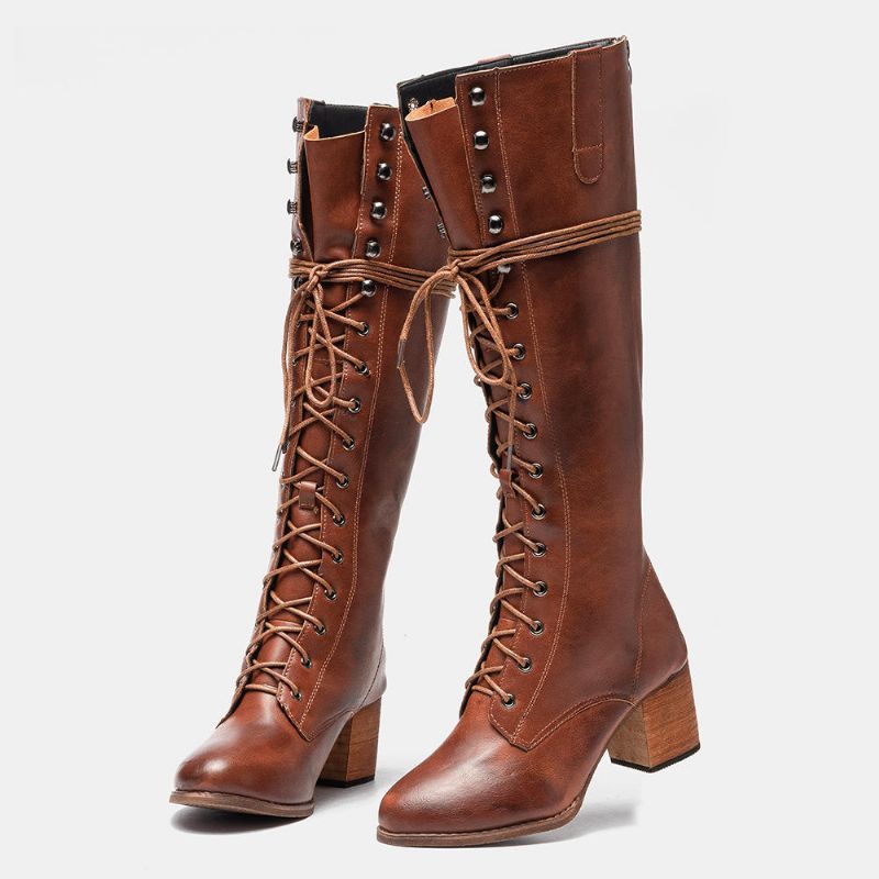 Kvinnor Plus Size Retro Lace Up Mid Calf Boots