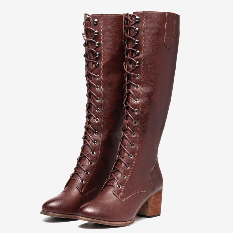 Kvinnor Plus Size Retro Lace Up Mid Calf Boots