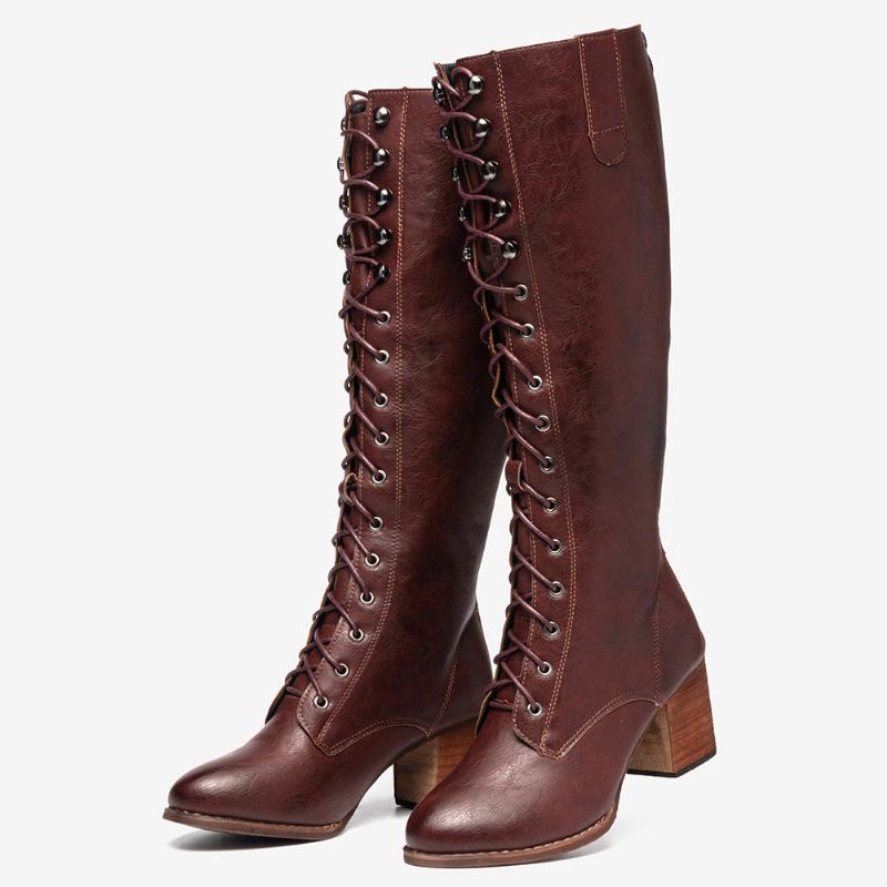 Kvinnor Plus Size Retro Lace Up Mid Calf Boots