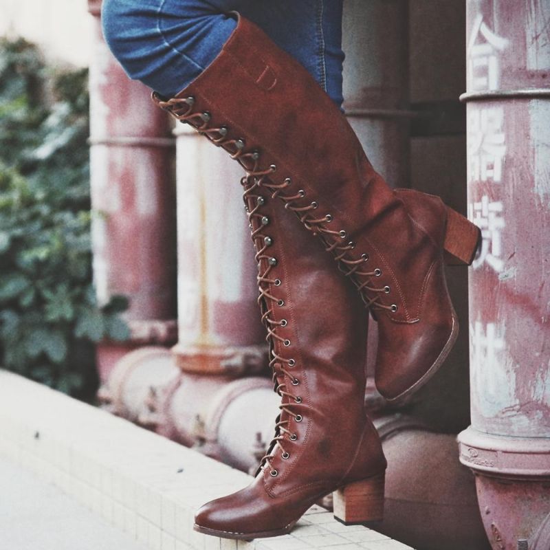 Kvinnor Plus Size Retro Lace Up Mid Calf Boots