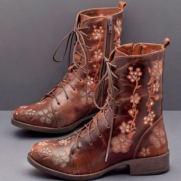 Kvinnor Retro Flower Printing Mid Calf Boots