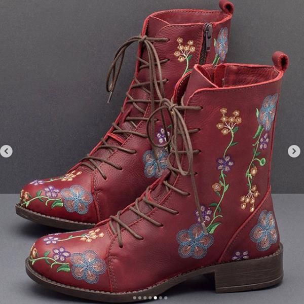 Kvinnor Retro Flower Printing Mid Calf Boots