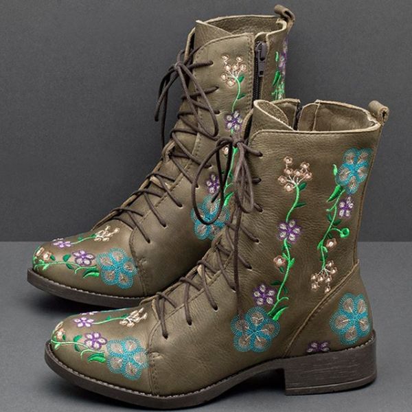 Kvinnor Retro Flower Printing Mid Calf Boots