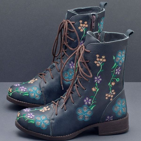 Kvinnor Retro Flower Printing Mid Calf Boots