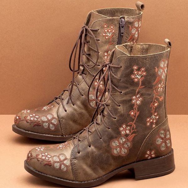 Kvinnor Retro Flower Printing Mid Calf Boots