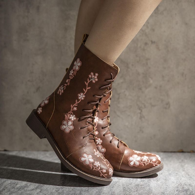 Kvinnor Retro Flower Printing Mid Calf Boots