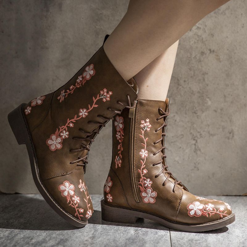 Kvinnor Retro Flower Printing Mid Calf Boots