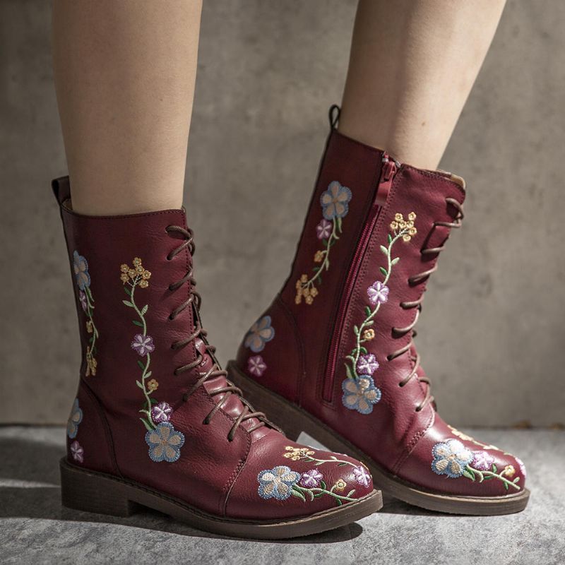 Kvinnor Retro Flower Printing Mid Calf Boots