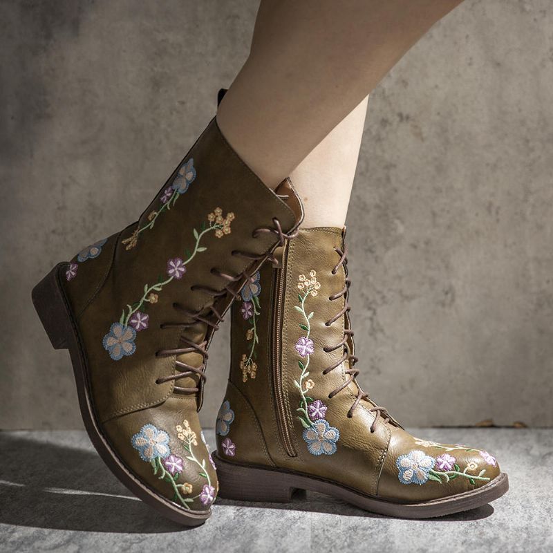 Kvinnor Retro Flower Printing Mid Calf Boots