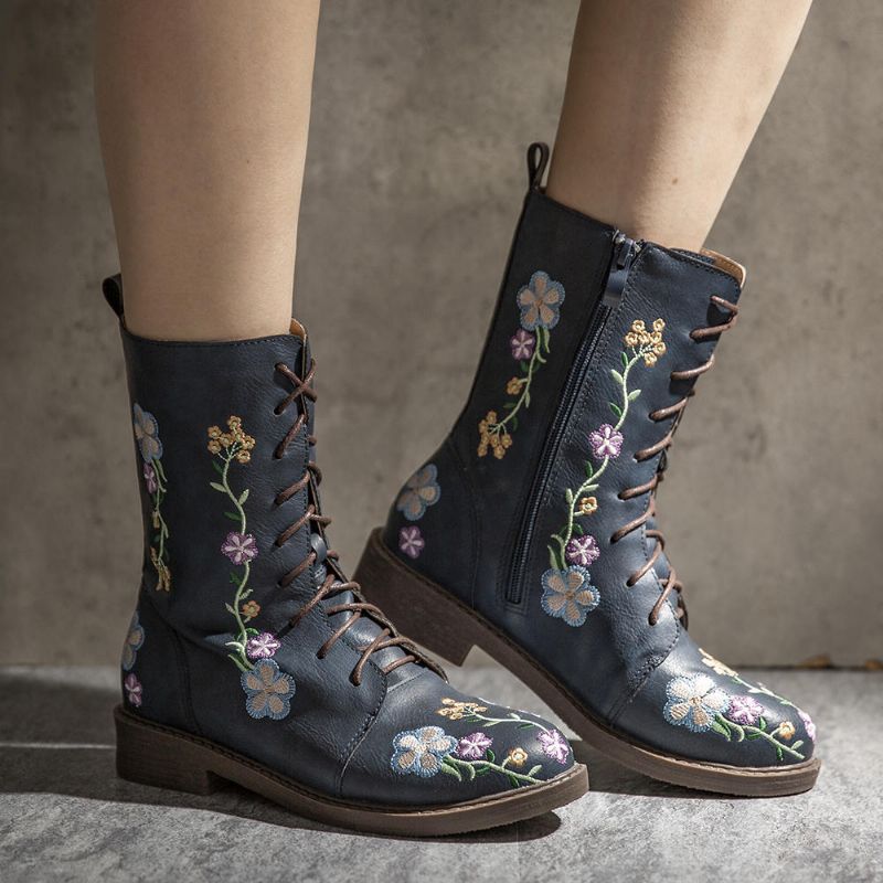 Kvinnor Retro Flower Printing Mid Calf Boots