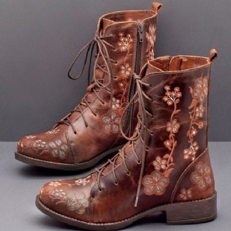 Kvinnor Retro Flower Printing Mid Calf Boots