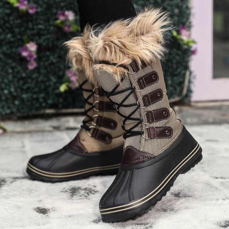 Kvinnor Solid Furry Varm Halkbeständig Cross Strap Mid Calf Snow Boots