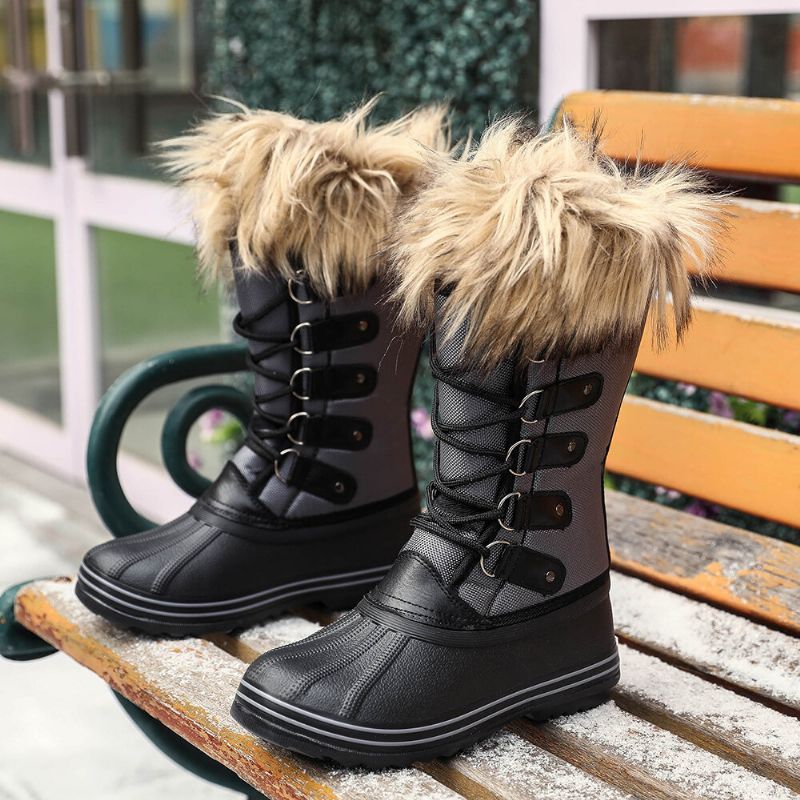 Kvinnor Solid Furry Varm Halkbeständig Cross Strap Mid Calf Snow Boots