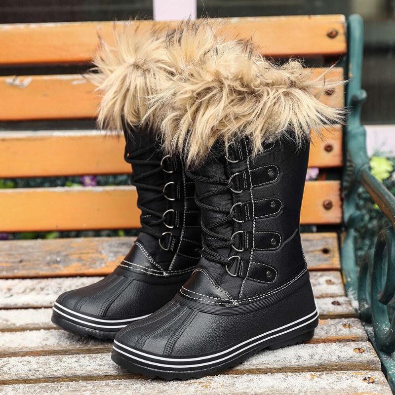 Kvinnor Solid Furry Varm Halkbeständig Cross Strap Mid Calf Snow Boots