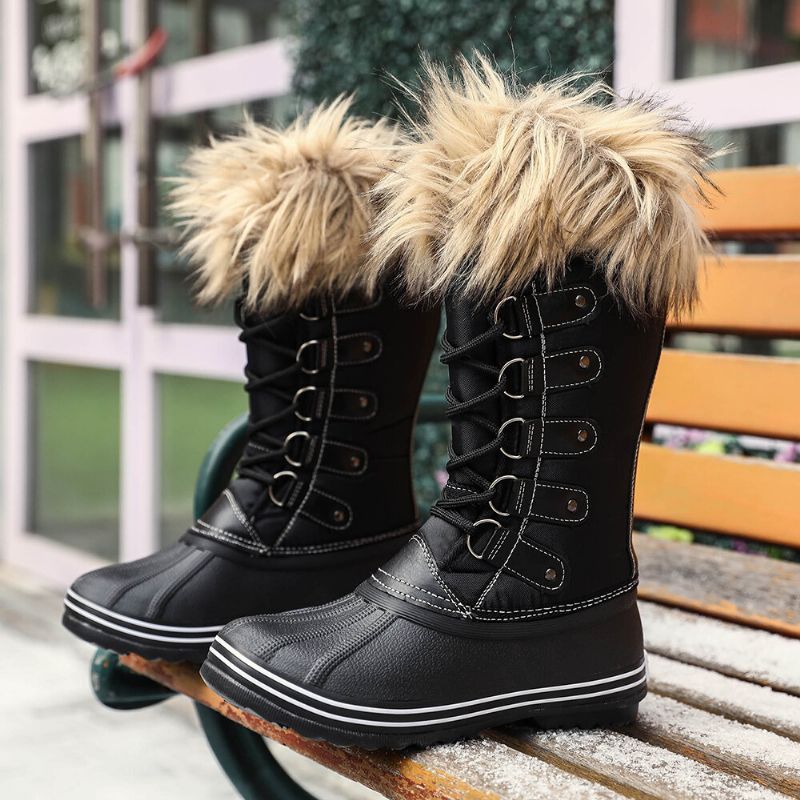 Kvinnor Solid Furry Varm Halkbeständig Cross Strap Mid Calf Snow Boots