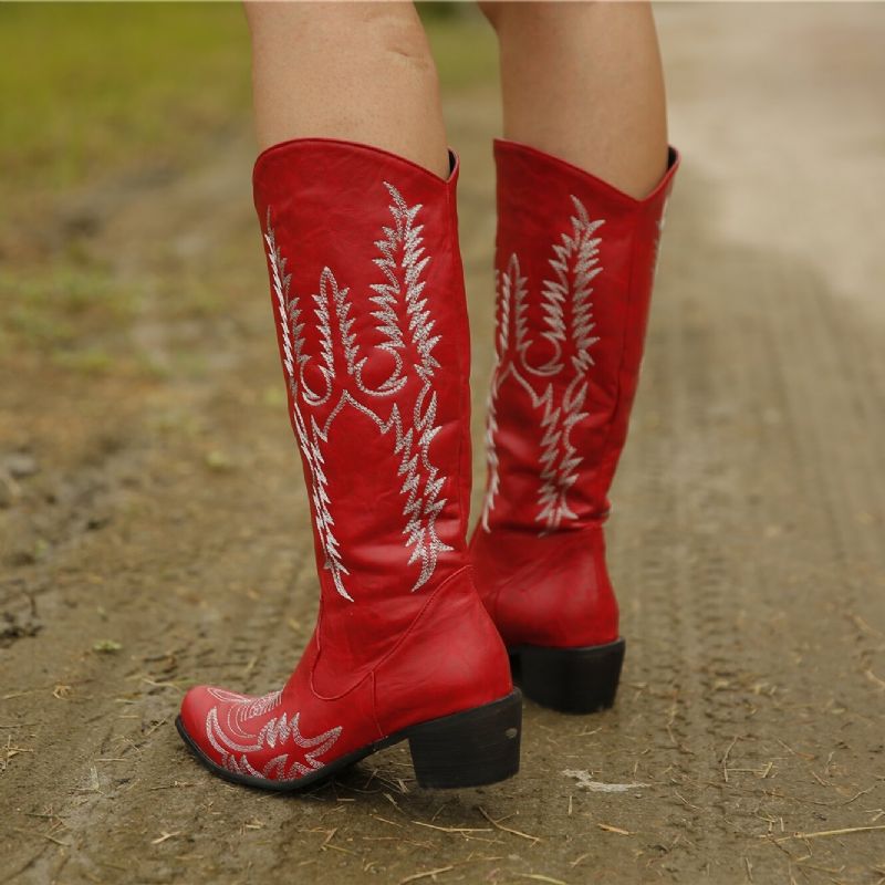 Kvinnor Stor Storlek Retro Spetsad Tå Broderade Cowboystövlar Med Tjocka Klackar