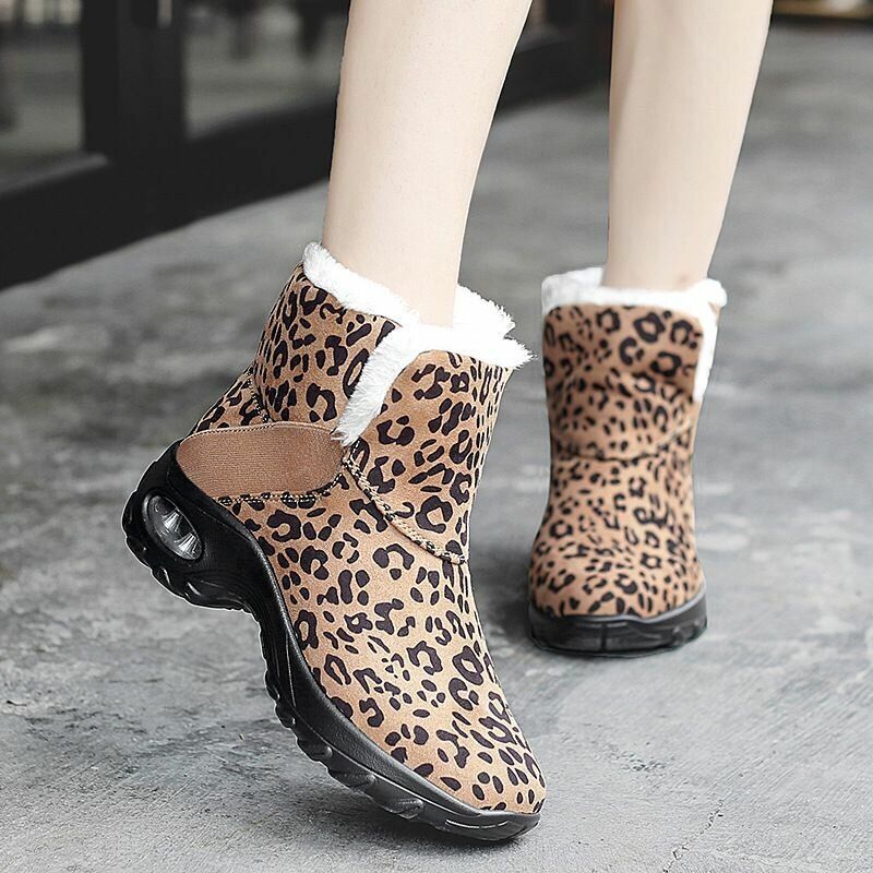 Kvinnor Varmfodrade Halksäkra Leopard Slip On Korta Snow Boots