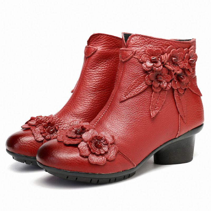 Kvinnor Vintage Äkta Läder Handgjorda Blomma Låg Klack Ankel Short Boots