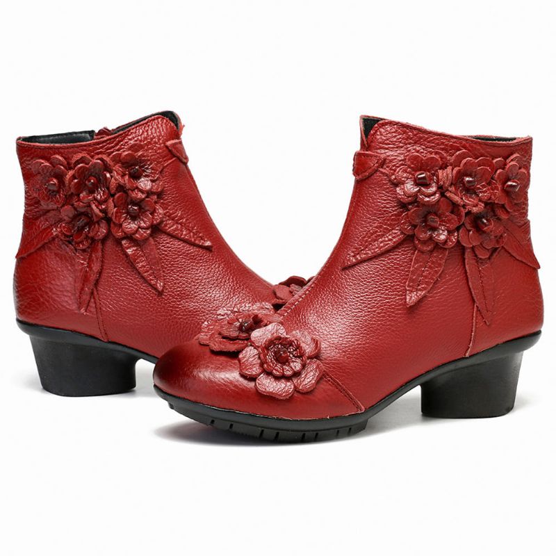 Kvinnor Vintage Äkta Läder Handgjorda Blomma Låg Klack Ankel Short Boots