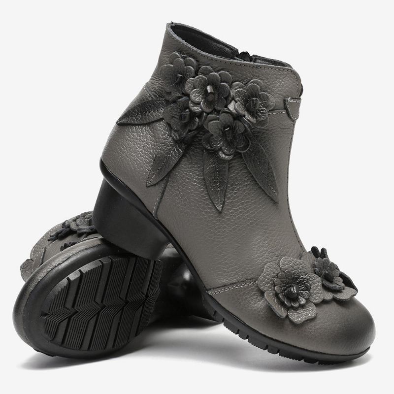 Kvinnor Vintage Äkta Läder Handgjorda Blomma Låg Klack Ankel Short Boots