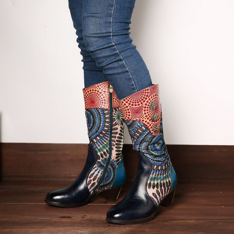 Kvinnors Skarvning Tribal Mönster Dragkedja Western Cowboy Boots