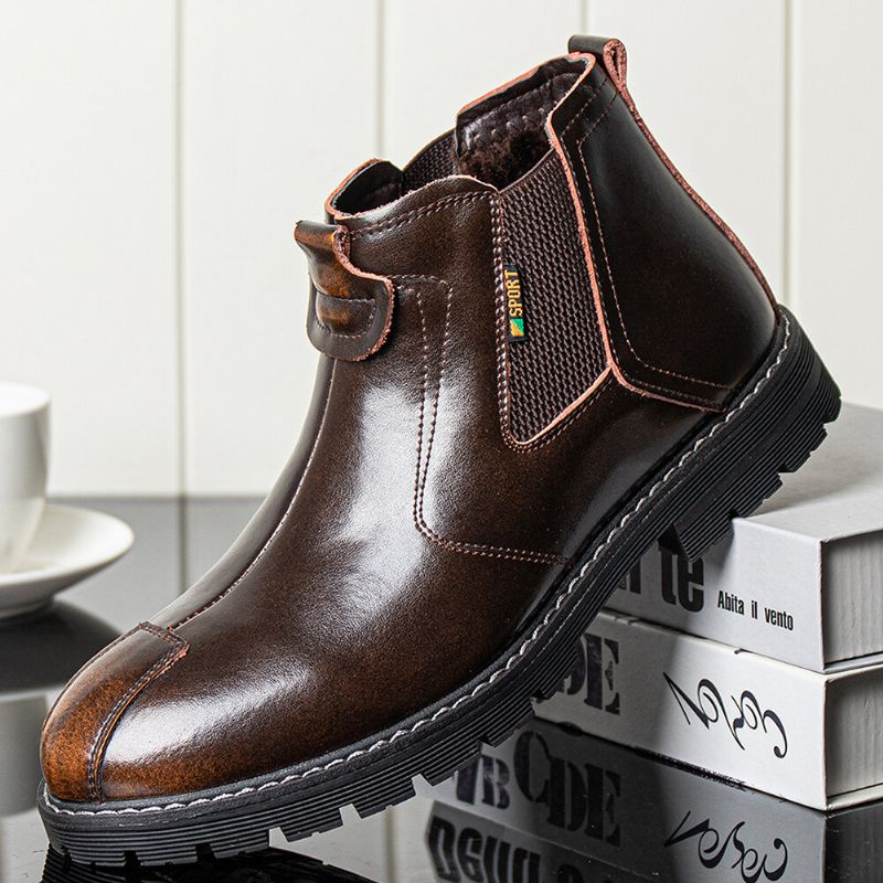 Män Äkta Läder Slip-on Halkbeständig Plus Velvet Warm Chelsea Boots Martin Boots