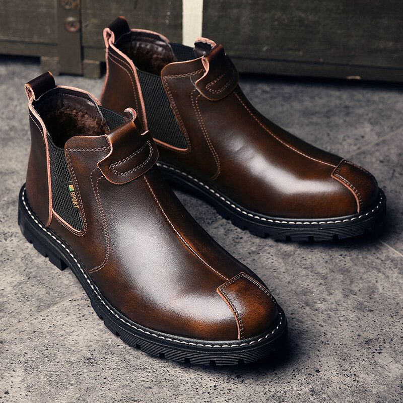 Män Äkta Läder Slip-on Halkbeständig Plus Velvet Warm Chelsea Boots Martin Boots