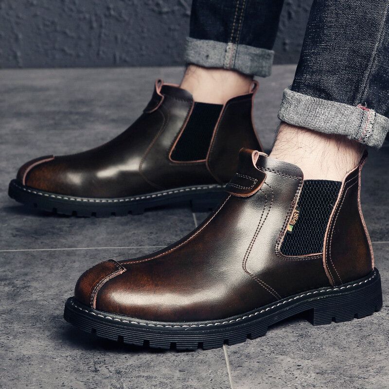 Män Äkta Läder Slip-on Halkbeständig Plus Velvet Warm Chelsea Boots Martin Boots