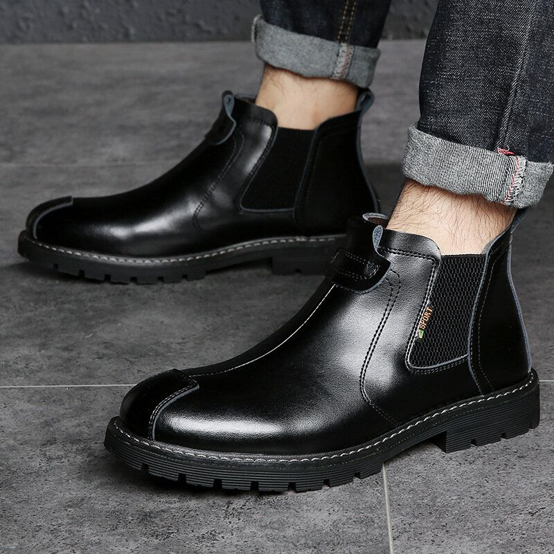 Män Äkta Läder Slip-on Halkbeständig Plus Velvet Warm Chelsea Boots Martin Boots