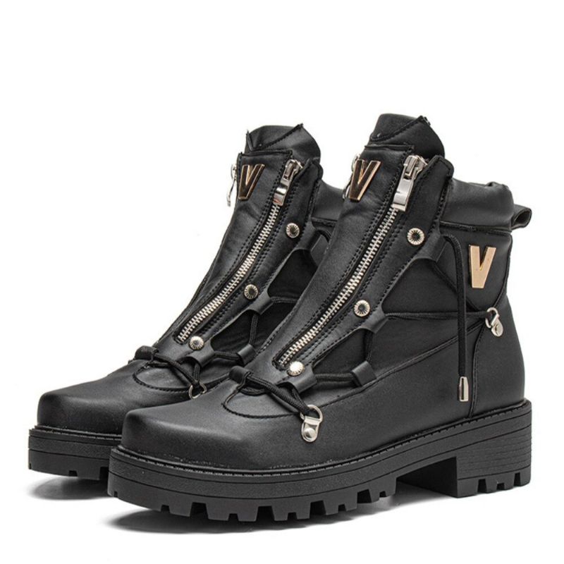 Män Andas Tjock Sula Retro Splicing Halkfri Rund Tå Dragkedja Casual Martin Boots