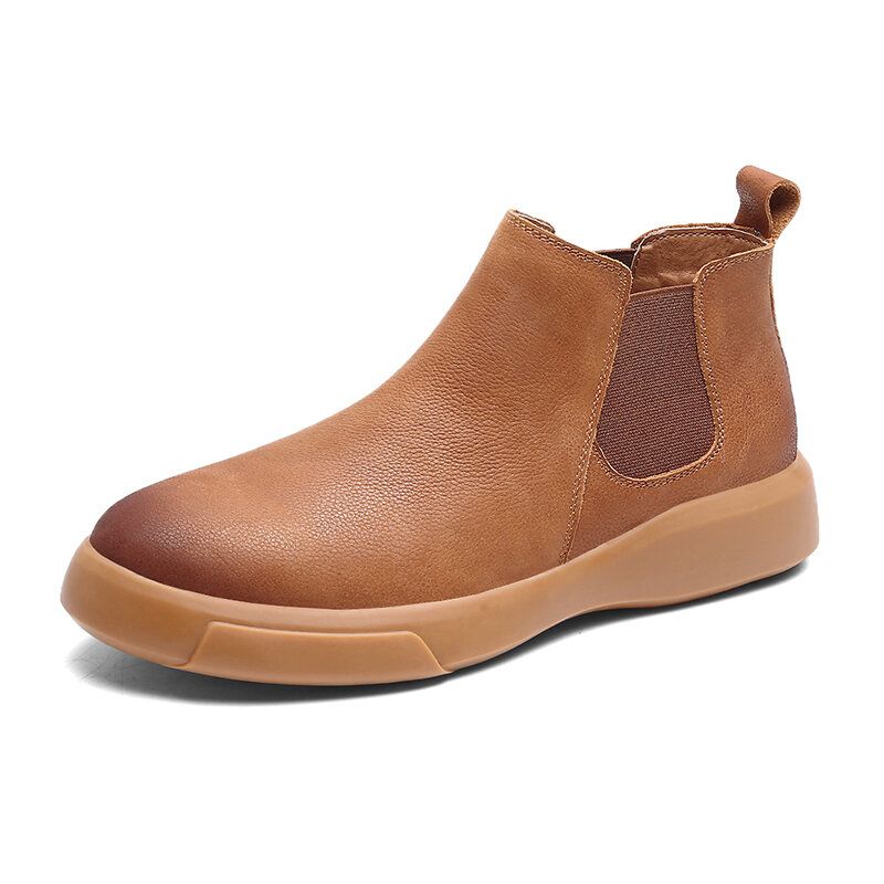 Män Comfy Cowhide Läder Halkfri Elastiska Slip On Casual Chelsea Boots