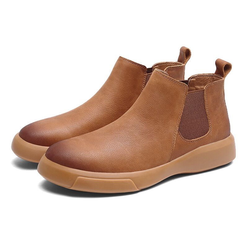 Män Comfy Cowhide Läder Halkfri Elastiska Slip On Casual Chelsea Boots