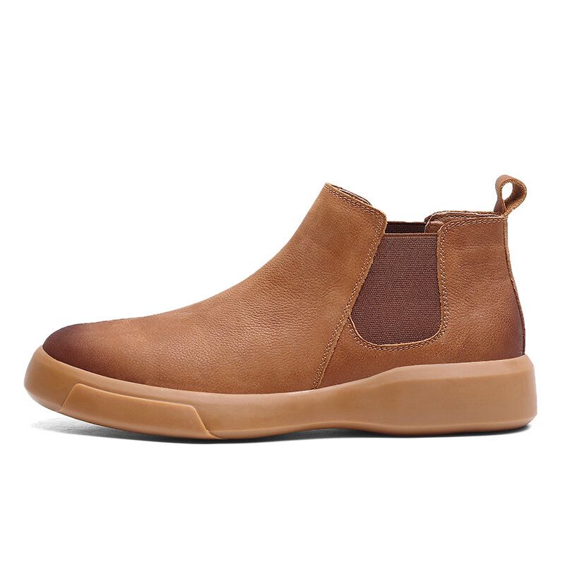 Män Comfy Cowhide Läder Halkfri Elastiska Slip On Casual Chelsea Boots