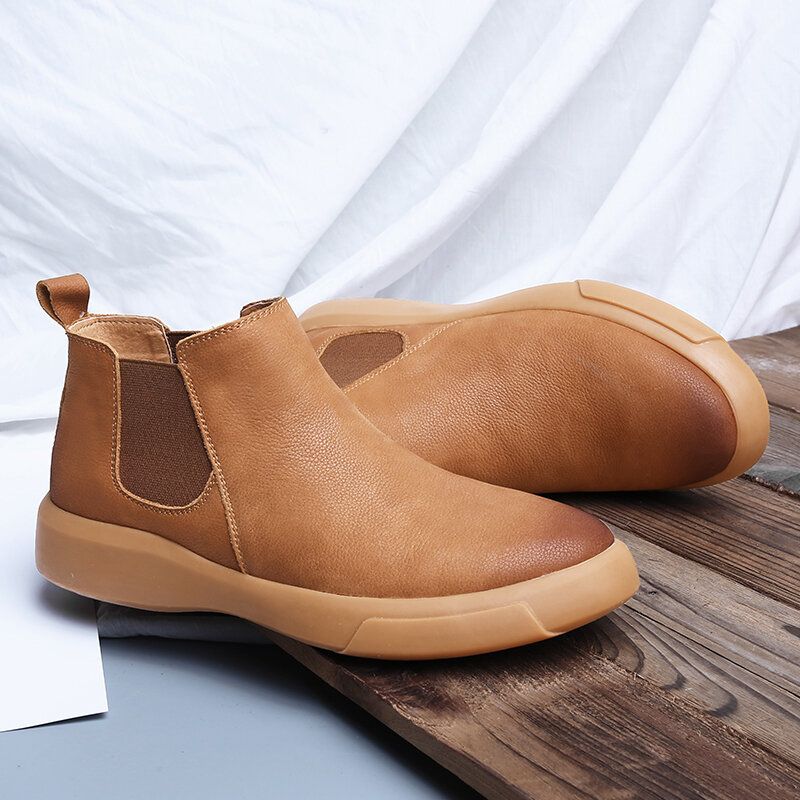 Män Comfy Cowhide Läder Halkfri Elastiska Slip On Casual Chelsea Boots