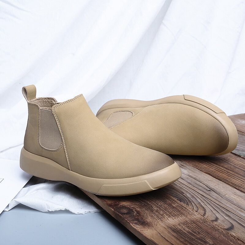 Män Comfy Cowhide Läder Halkfri Elastiska Slip On Casual Chelsea Boots