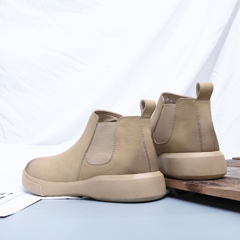 Män Comfy Cowhide Läder Halkfri Elastiska Slip On Casual Chelsea Boots