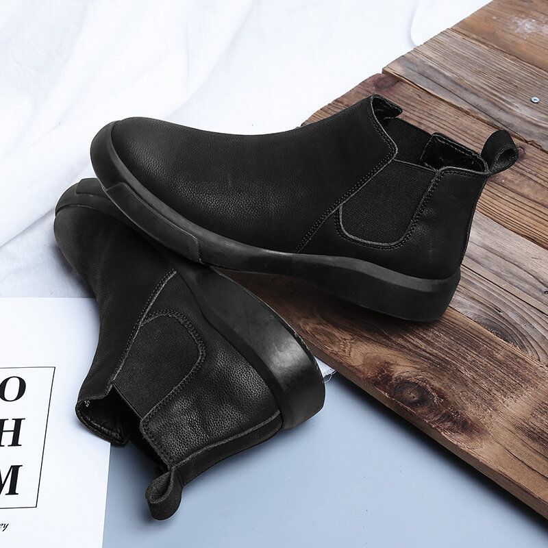 Män Comfy Cowhide Läder Halkfri Elastiska Slip On Casual Chelsea Boots