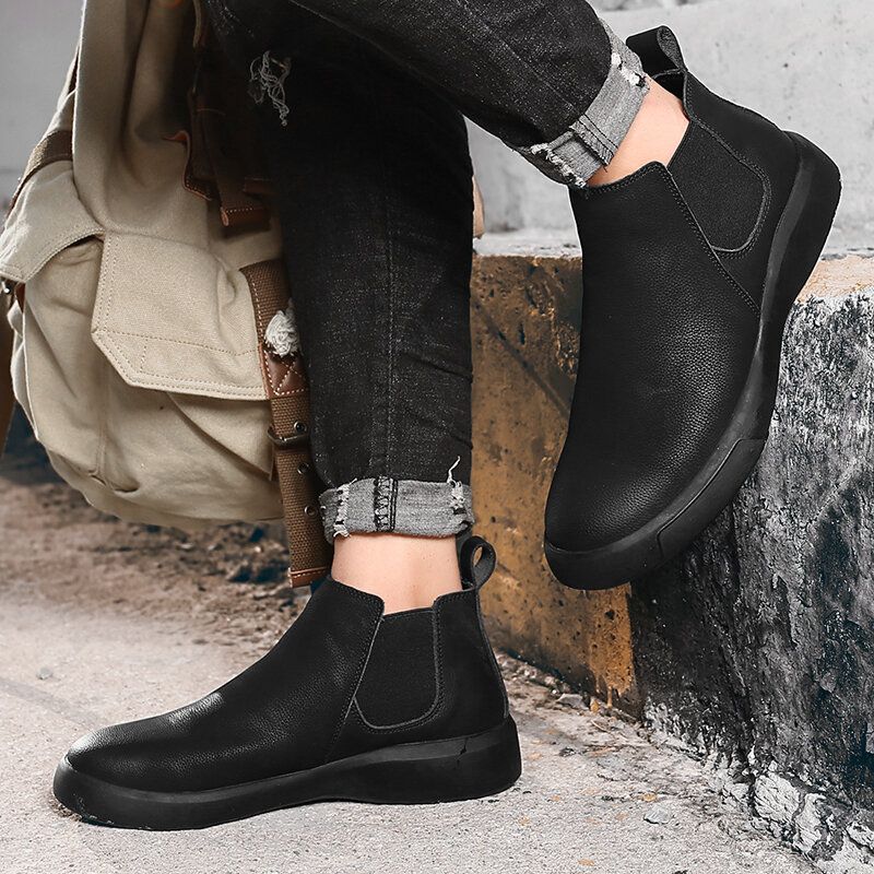 Män Comfy Cowhide Läder Halkfri Elastiska Slip On Casual Chelsea Boots