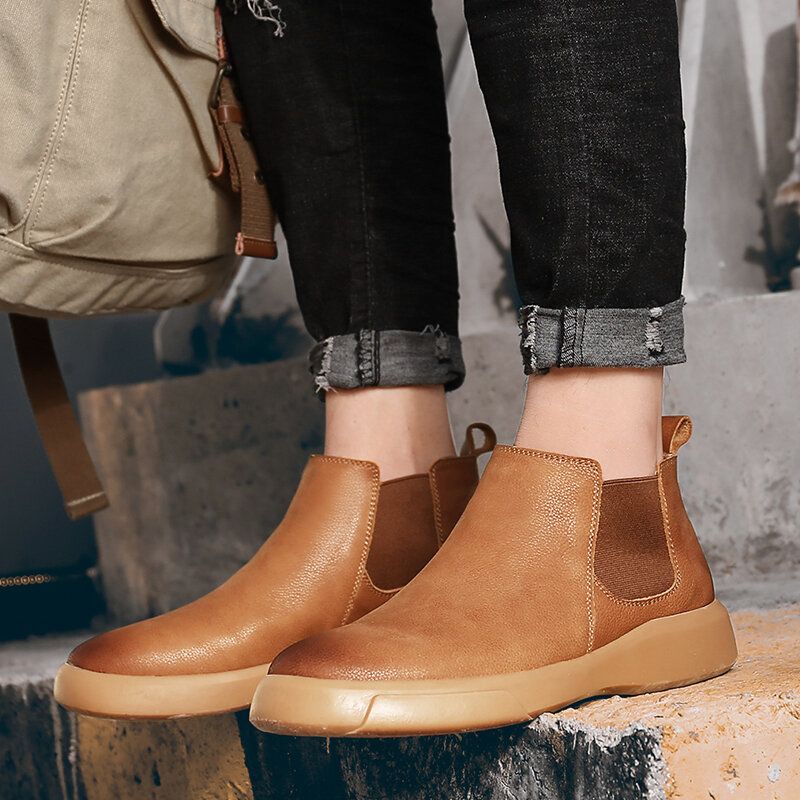 Män Comfy Cowhide Läder Halkfri Elastiska Slip On Casual Chelsea Boots