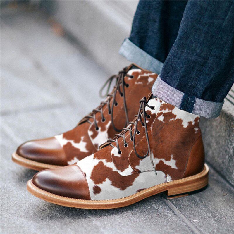 Män Cow Spot Printed Cap Toe Comfy Ankel Jack Boots