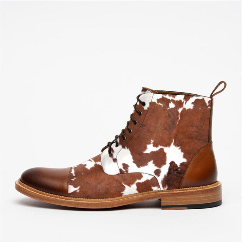 Män Cow Spot Printed Cap Toe Comfy Ankel Jack Boots