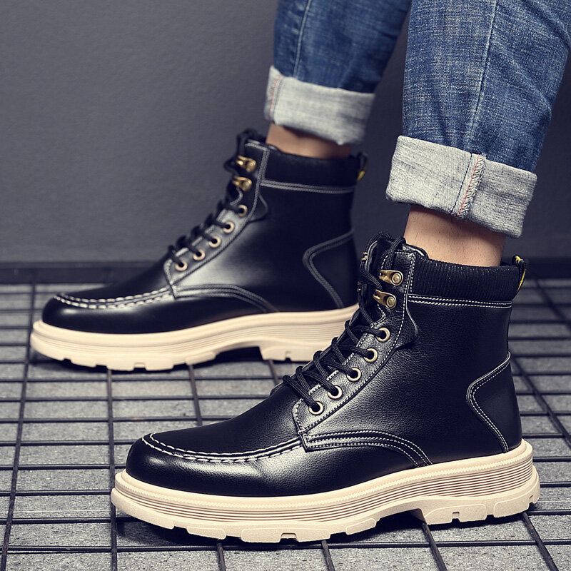 Män Läder Andas Mjuk Sula Bekväm England Style Ren Färg Casual Martin Boots