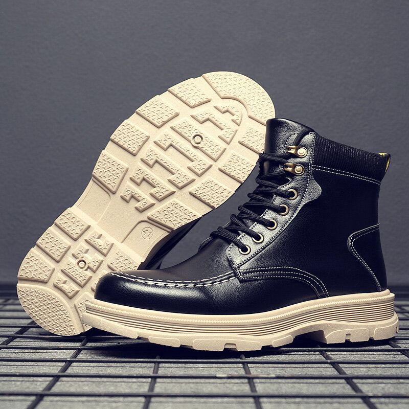 Män Läder Andas Mjuk Sula Bekväm England Style Ren Färg Casual Martin Boots