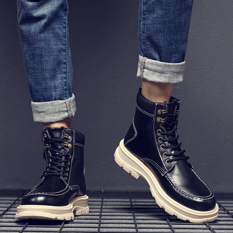 Män Läder Andas Mjuk Sula Bekväm England Style Ren Färg Casual Martin Boots