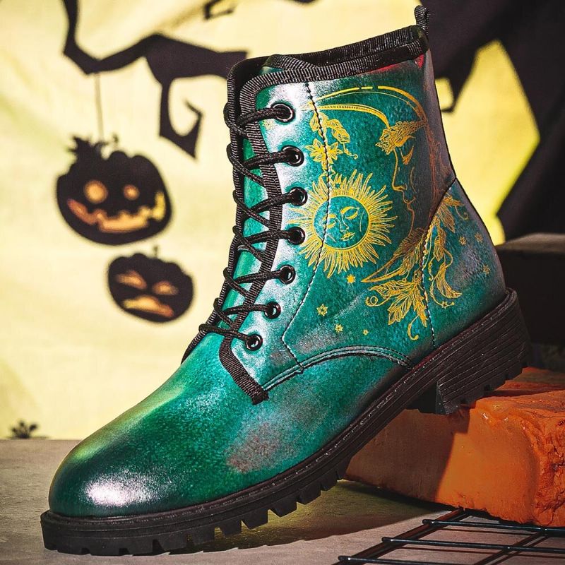 Män Läder Halloween Funny Printing Mjuk Sula Rund Tå Snörning Casual Platform Boots